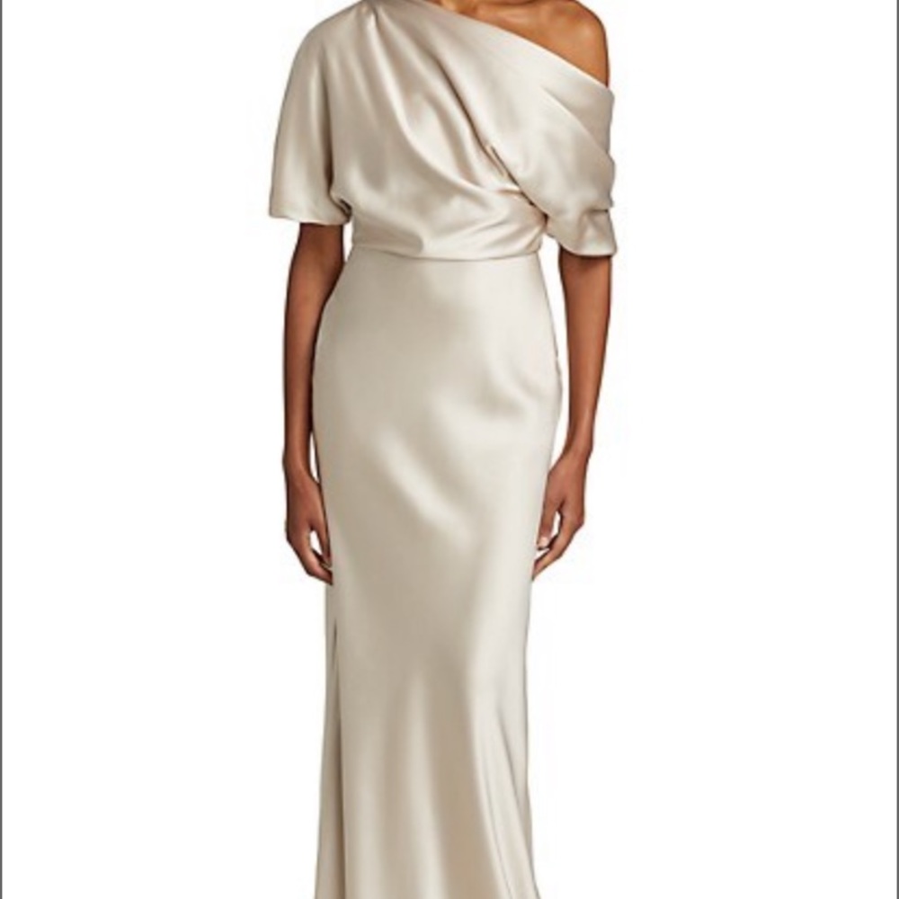 Amsale satin one shoulder gown size 8 champagne